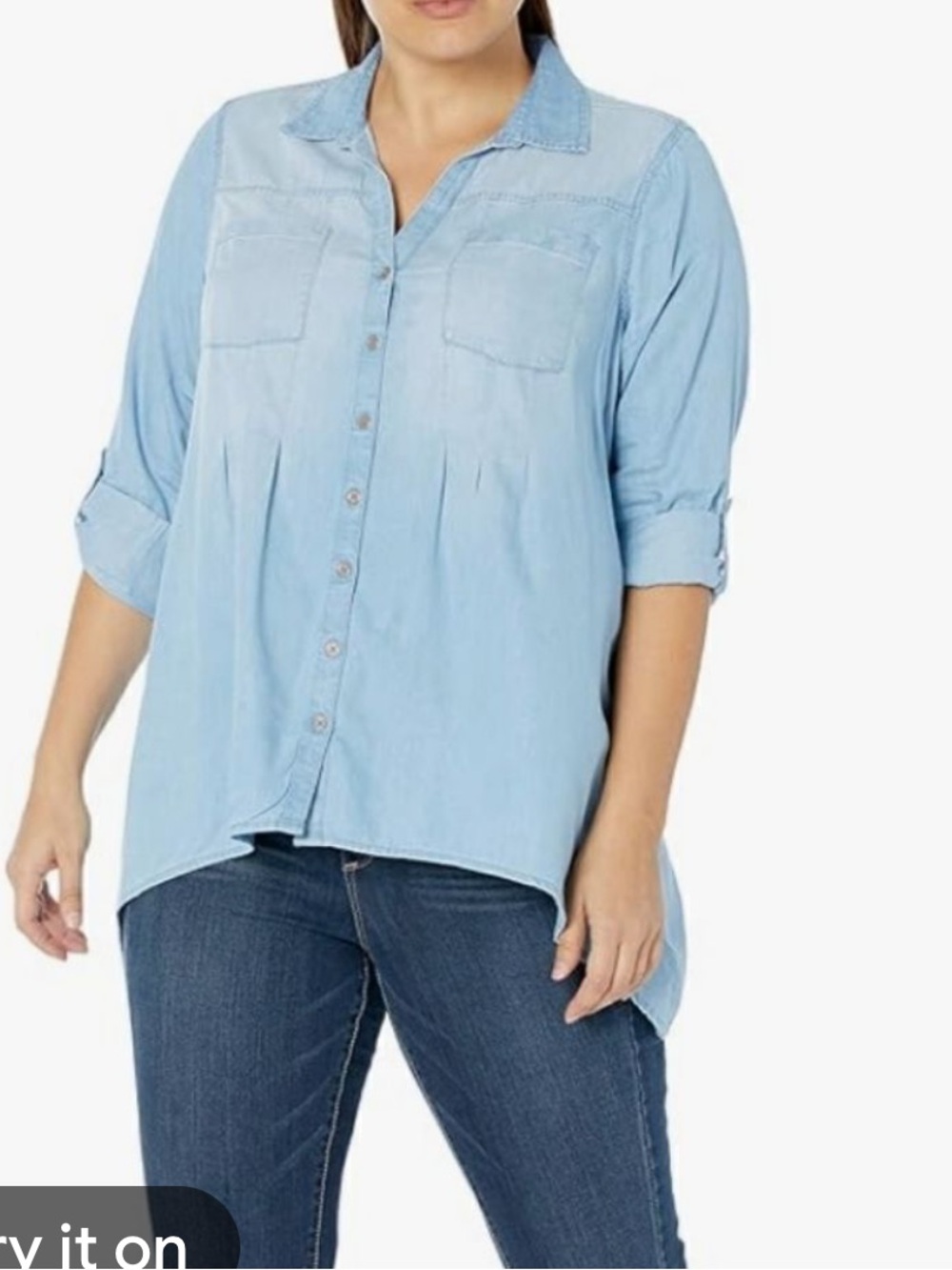 Style & Co Woman’s Light Blue Denim Blouse Roll Up Sleeves